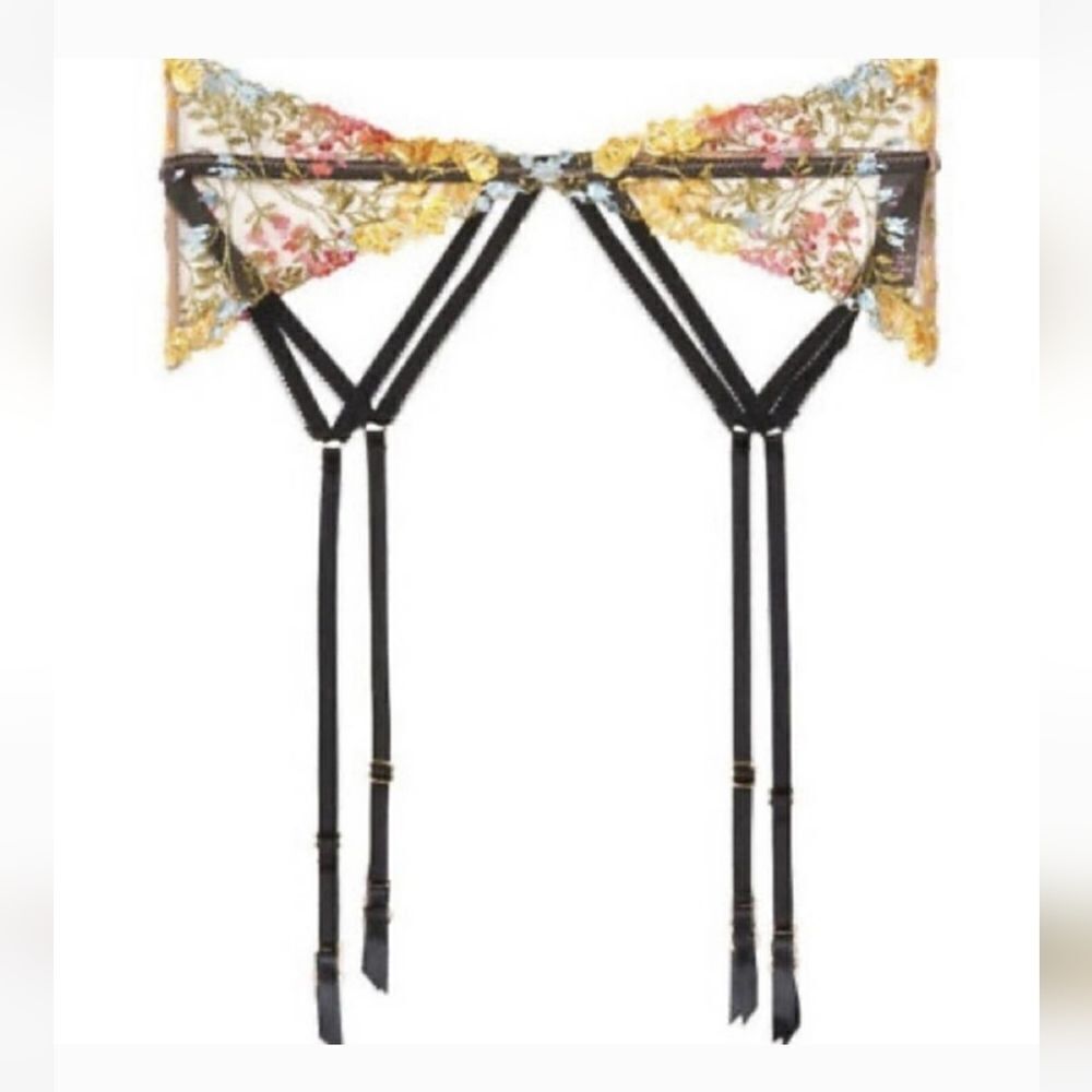 Victoria's Secret Multi Embroidery Garter  Lace Floral Pink Yellow Black Size XS